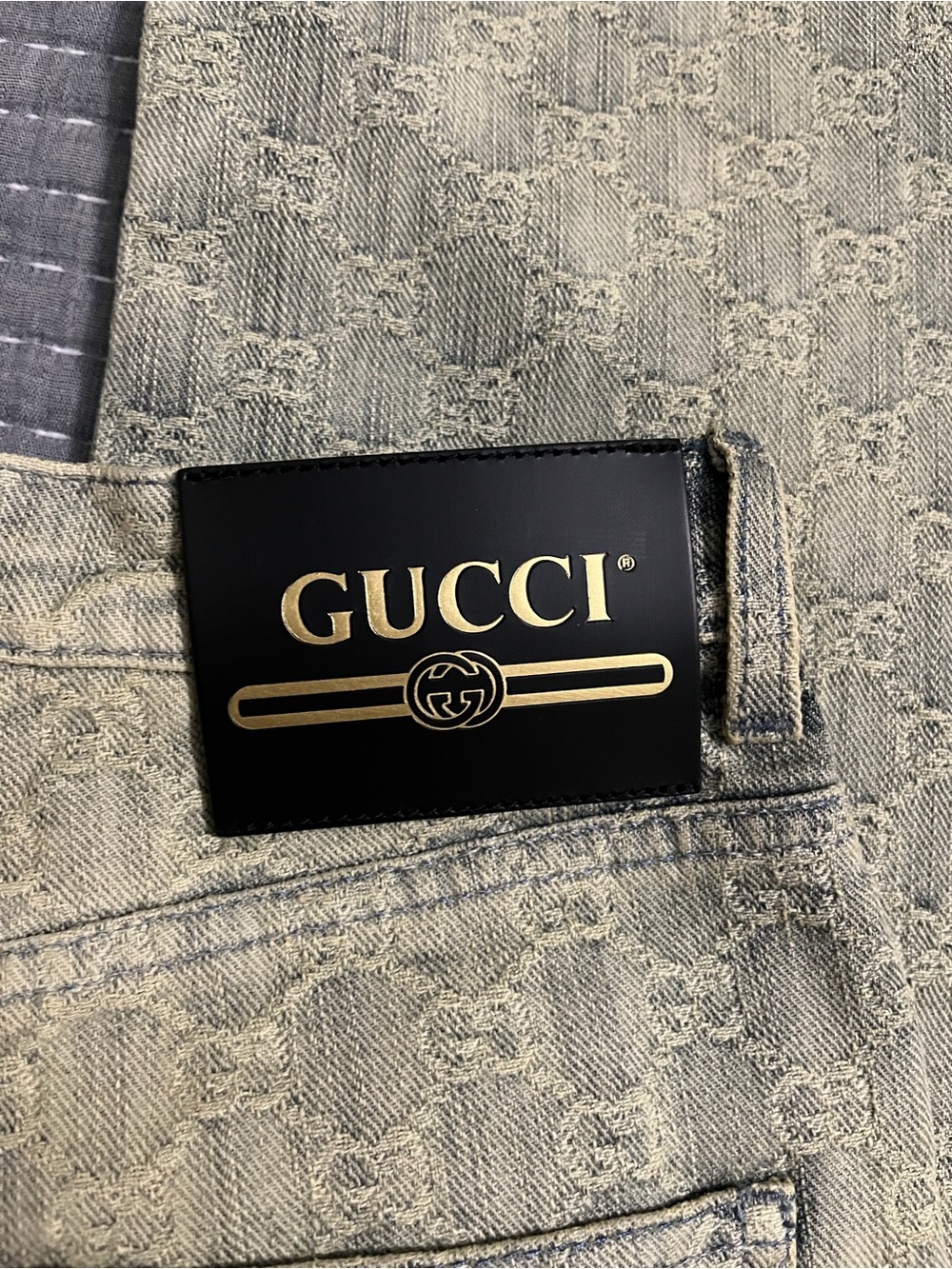 Gucci Light Gray Monogram Boot Cut Jeans with Gold Logo Patch